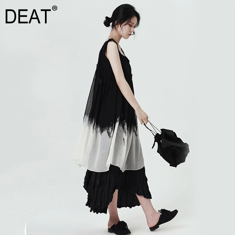 

[DEAT] 2019 New Spring Summer Spaghetti Strap Gradual Color Loose Hit Color Temperament Chiffon Dress Women Fashion Tide JR50