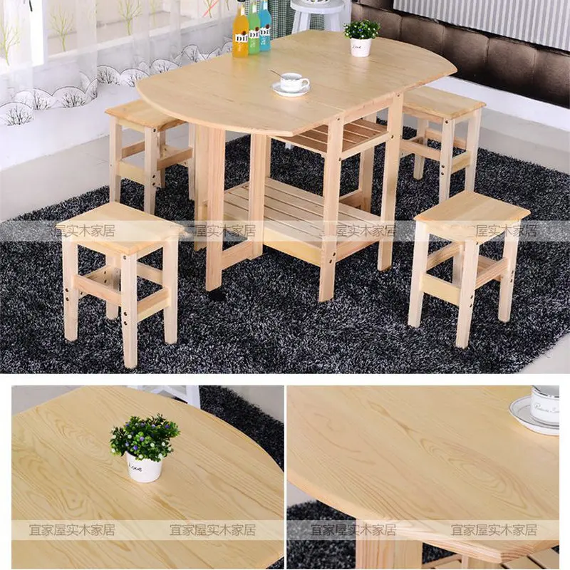 Solid Pine Wood Semi-Circle Fold-able Coffee Dining Table With Four Chairs (NO Drawers) Simple Fashion Multi Purpose Table