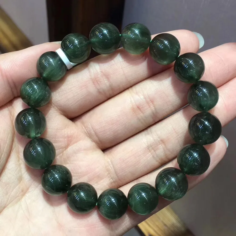 

12mm Natural Green Hair Rutilated Quartz Crsytal Bracelet Women Men Cat Eye Effect Business Stone Gift Round Beads Jewelry