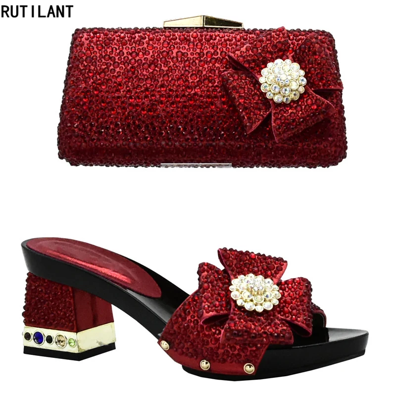 New Arrival Women Italian African Party Pumps Shoes and Bag Nigerian Women Wedding Shoes and Bag Set Decorated with Rhinestone