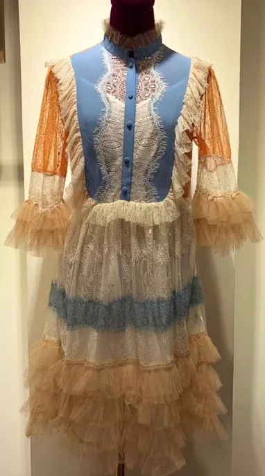 Английский стиль элегантное Пышное Платье с рукавами-пузырьками осенняя одежда женское сексуальное лоскутное прозрачное кружевное мини-платье - Цвет: as pic