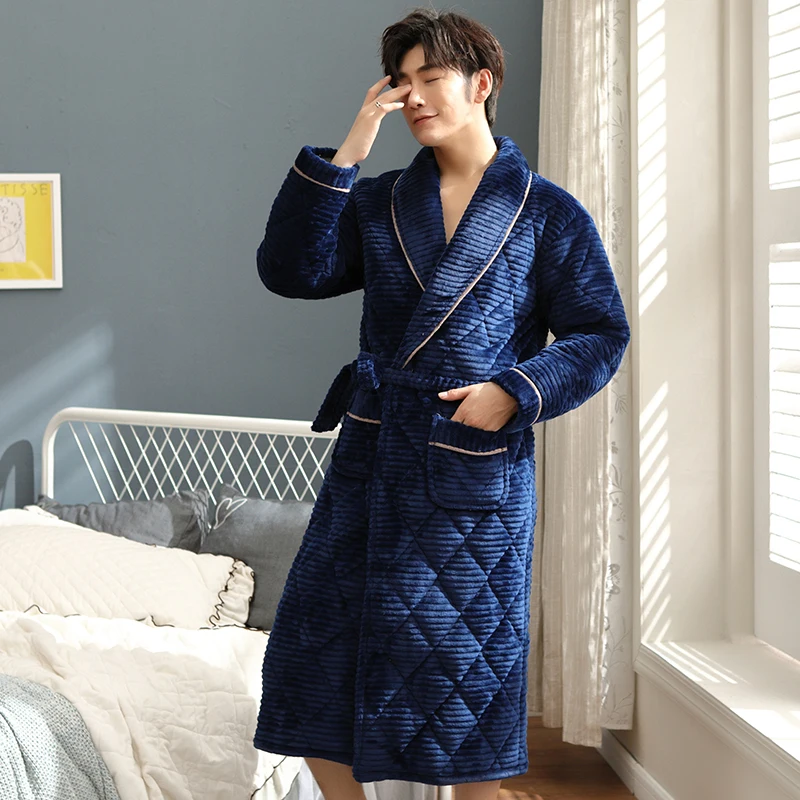 Winter Robe Thick Warm Men's Flannel Knit Quilted Robe Long Sleeve
