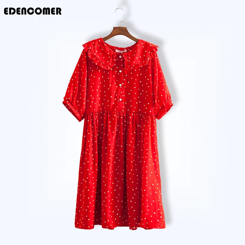 

Women's Clothing Red Dresses 2019 Spring and Summer New Plus Size Women Doll Collar Small Love Print Short Sleeve Dress