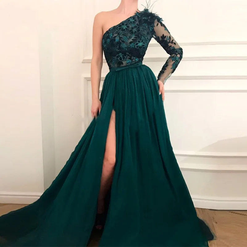 

Green Muslim Evening Dresses 2018 A-line One-shoulder Chiffon Lace Slit Islamic Dubai Kaftan Saudi Arabic Long Prom Evening Gown