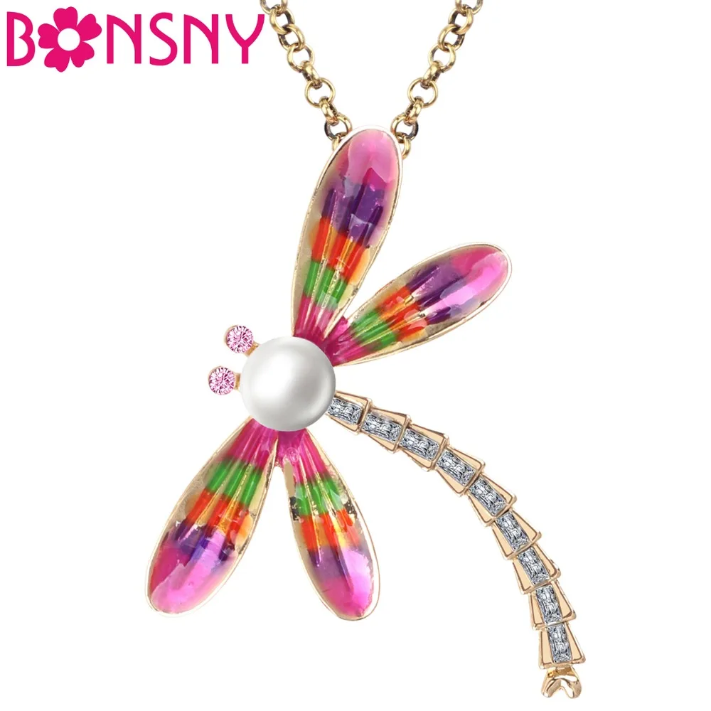 Bonsny Enamel Alloy Rhinestone Floral Insect Dragonfly Necklace Pendant