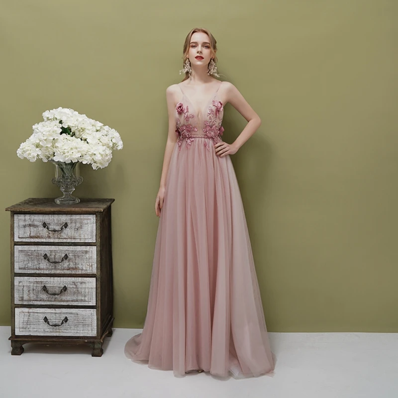 

Deep v-neck sexy backless tulle pink sequined beading evening dresses with flower