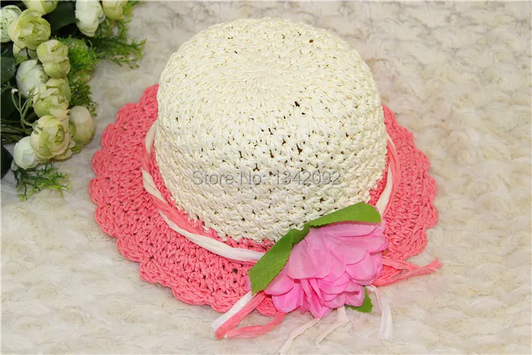 Nette Kinder Sommer Crochet Straw Strand Sonnenhut Mit Blumen
