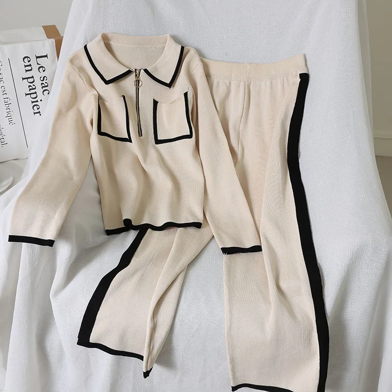 

MVGIRLRU Knitting Female Pant Suit Women Two Piece Set Zipper Pullover Peter Pan Collar Long Sleeve Tops Wide Leg Pants Suits
