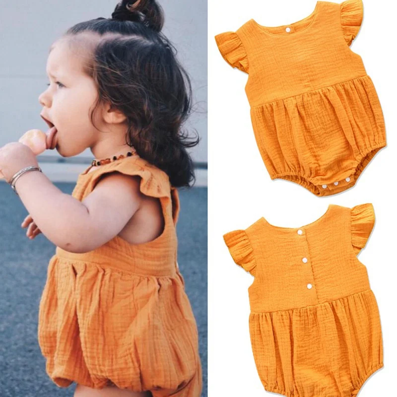 Infant Baby Girls Rompers 0 24M Flare Sleeve Solid Print Rompers Kids