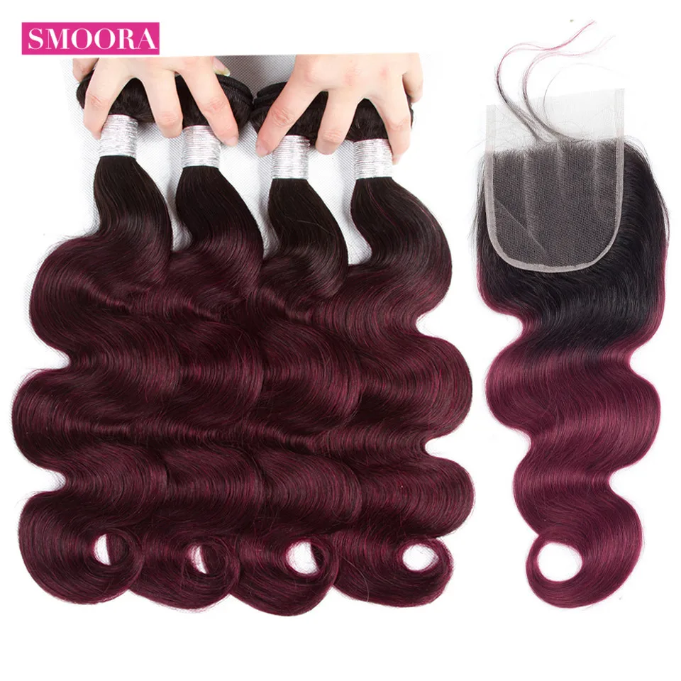 body wave 1b 99j ombre hair 4 bundle with closure three part