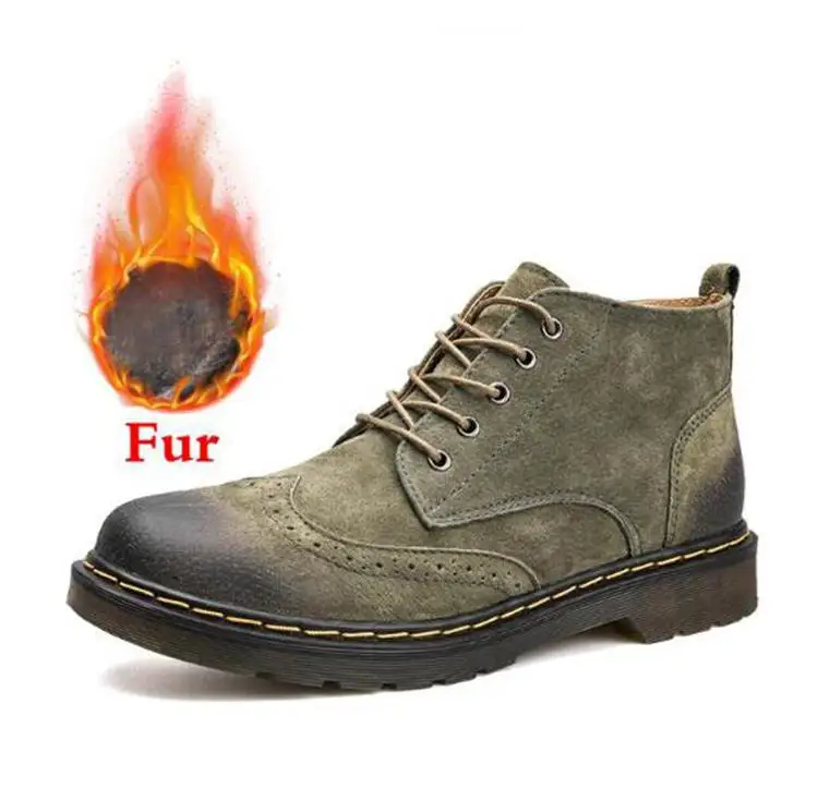 Новинка; мужские зимние рабочие ботинки из натуральной кожи; ботильоны; модная обувь на шнуровке; Мужская обувь высокого качества в винтажном стиле - Цвет: Fur ArmyGreen