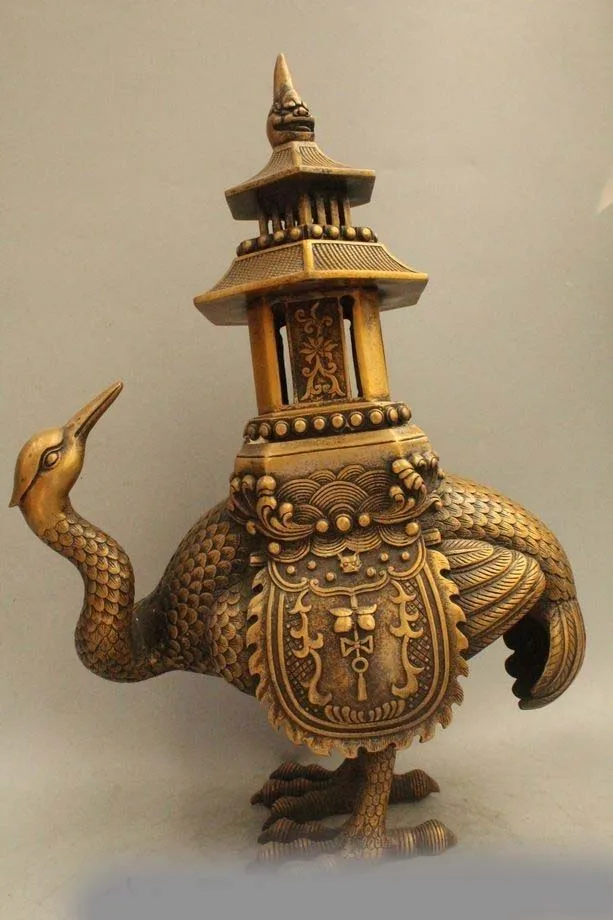 

19" Chinese Folk Feng Shui Bronze Longevity Red-crowned crane Incense Burner Cen