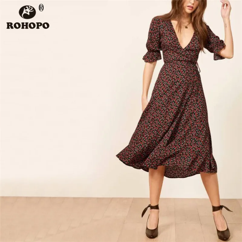 

ROHOPO Women Rose Tiny Printed Midi Dress Butterfly Sleeve Pleated Maxi Multiways Elegant Drawing Belt Chiffon Vestido #YY048H