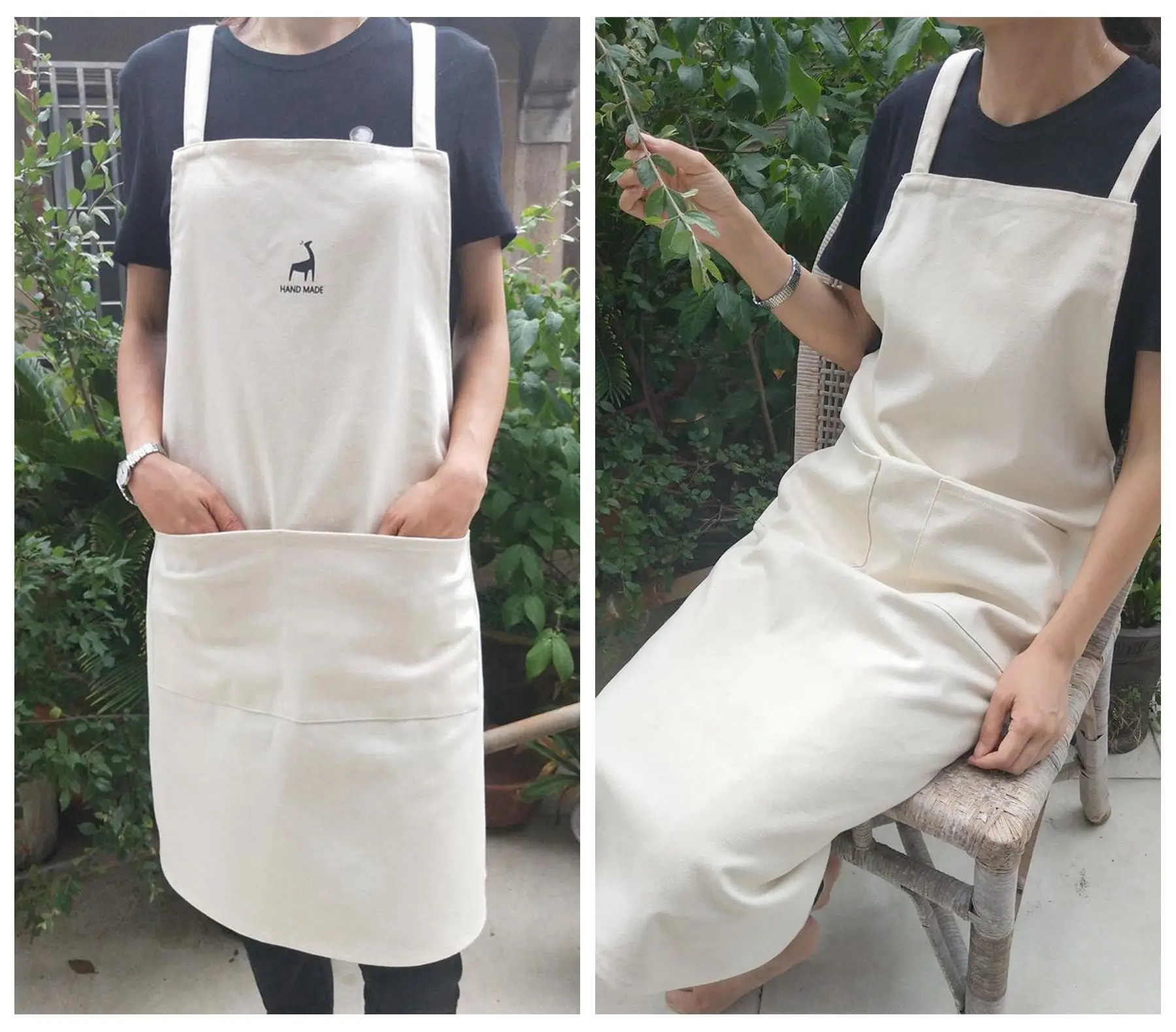 Literary simple shoulder strap beige canvas apron art painting