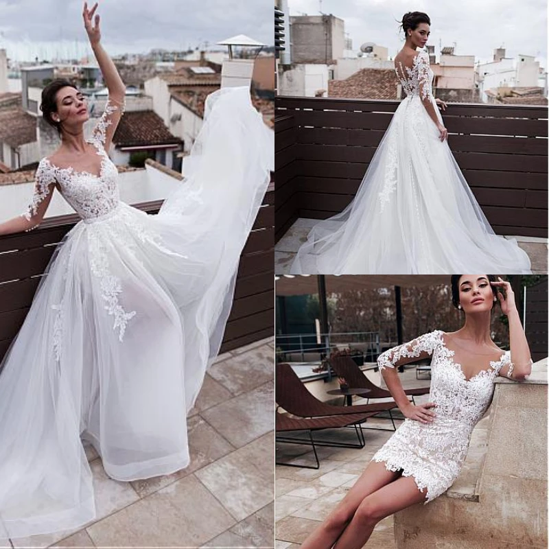

Vintage White Short Lace Wedding Dresses With Detachable Train 2019 robe de mariee Beach casamento 3/4 Sleeves Bridal Gowns
