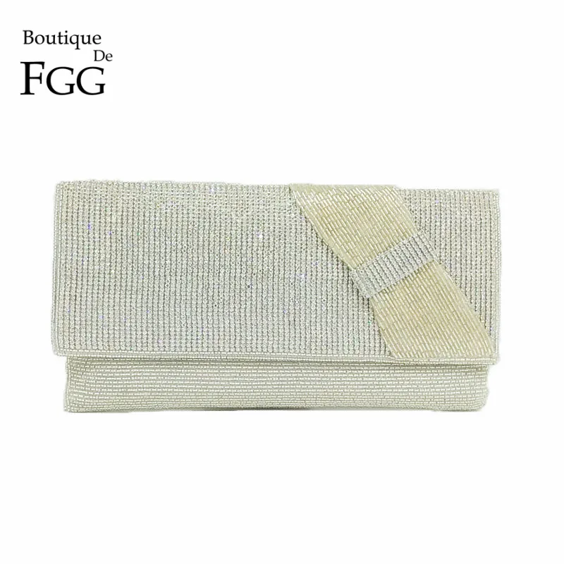 Boutique De FGG Dazzling Crystal Silver Bow Evening Purse Indian Handmade Beading Clutch Wedding Prom Bag Bridal Beading Handbag