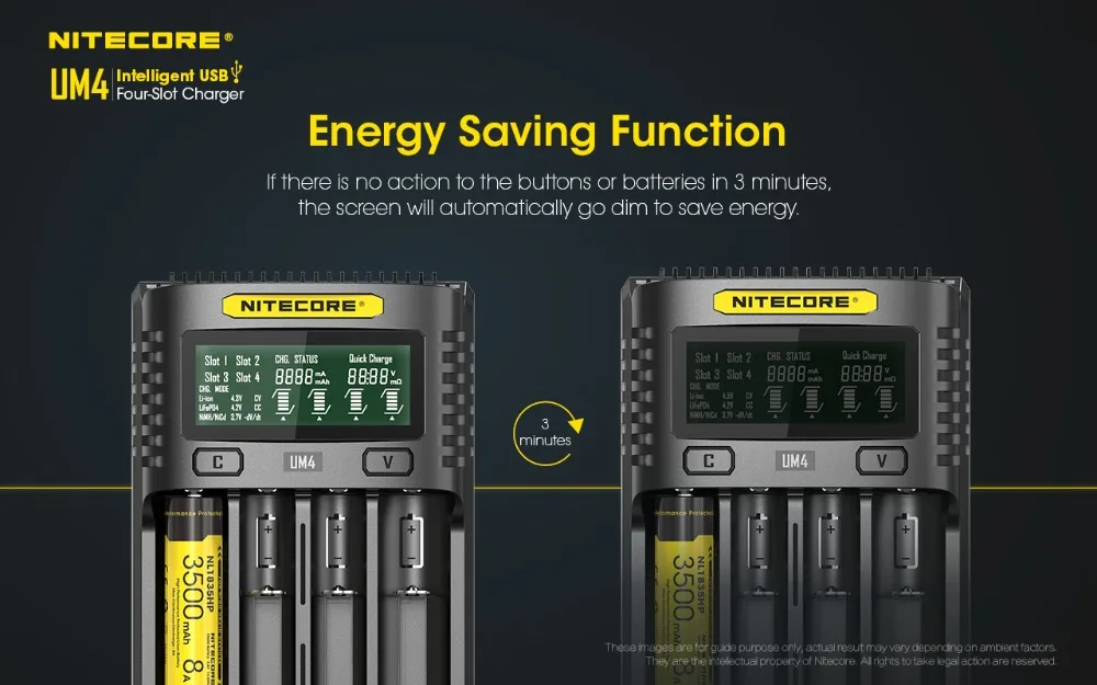 Nitecore UM4 USB Четыре слота QC зарядное устройство интеллектуальная схема глобальная страховка Li-Ion AA 18650 14500 16340 26650 зарядное устройство