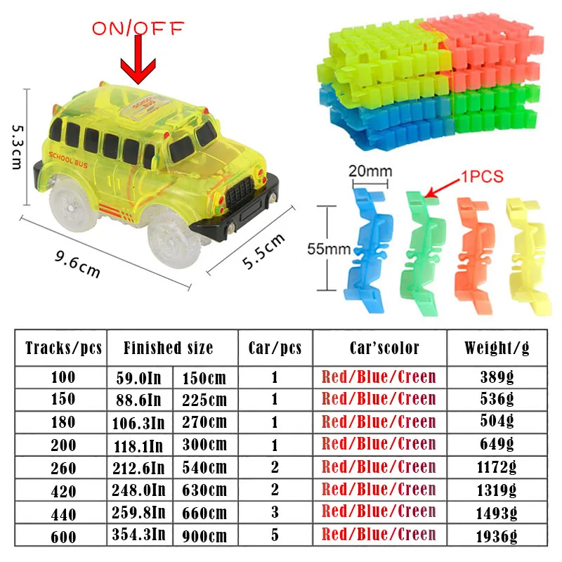Волшебный светящийся гоночный трек, набор 100/150/180/600, гибкий гоночный трек, автомобиль, гибкие светящиеся треки, игрушки для детей, подарки