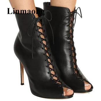 

2018 Hottest Cross-Tied Peep Toe Sexy Thin High Heel Rear Zipper Solid Fashion Spring And Autumn Women Ankle Boots Normal Size