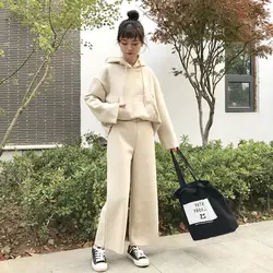 2018 осень с капюшоном свитер Свободные ноги девять брюки два комплекта новых женщин костюм корейской версии сплошной цвет Женская одежда