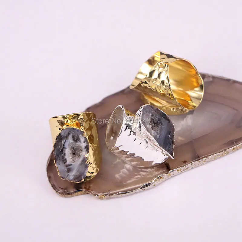 5 шт Zyunz ювелирные изделия природный геодезический кварц камень кольца, золото/серебро Гальваническое Geode манжеты кольца