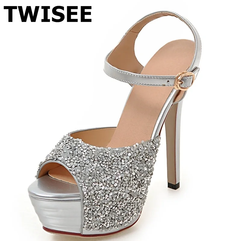 

TWISEE Thin Heels 13.5 cm ladies women shoes sandals peep toe Buckle Strap summer sandals pu leather woman wedding shoes