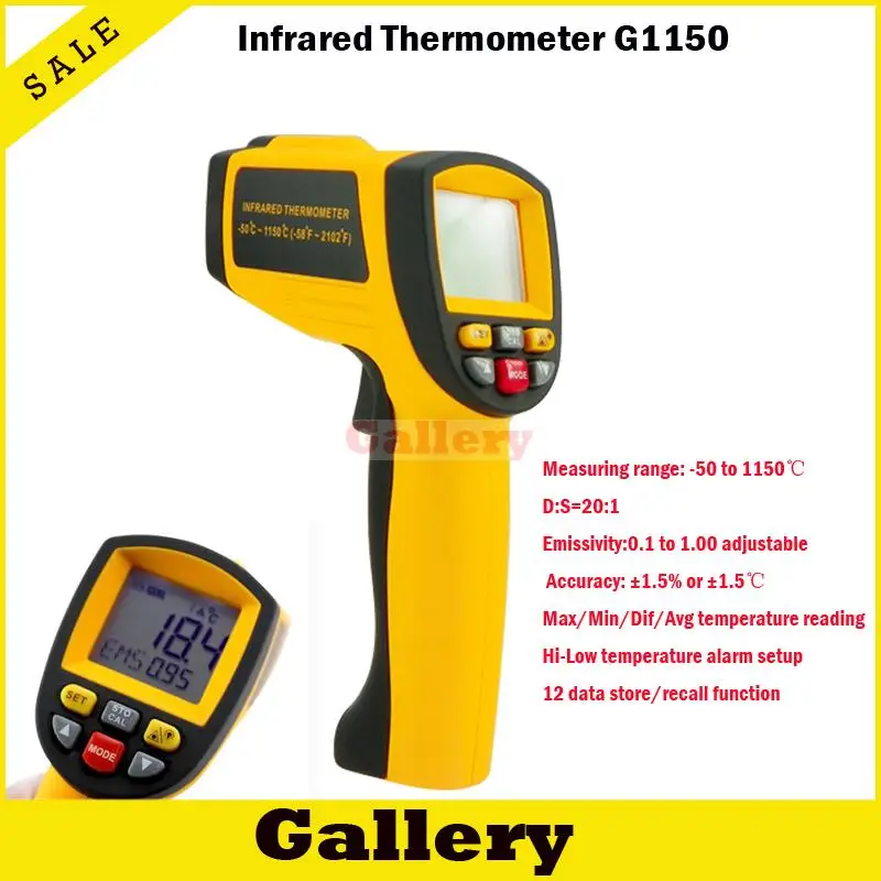 

Infrared Thermometer 1150C or 2102F Professional Non-contact Industrial Pyrometer IR Temperature Meter 0.1~1EM GM1150