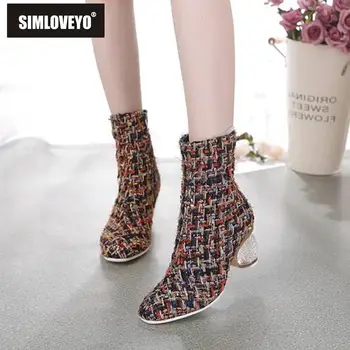 

SIMLOVEYO 2019 shoes women Ankle boots Knitting Clear heel Zipper Round toe Mixed color Size 34-44 Party shoes zapatos de mujer