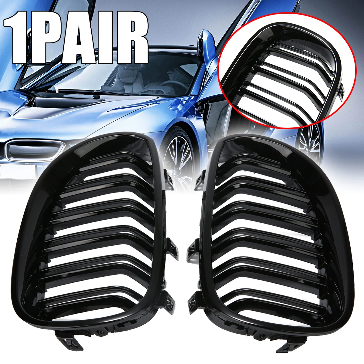 

For BMW 1pair Gloss Black Dual Slats Front Kidney Grille ABS Plastic Support E60 E61 M5 5 Series 2003-2010