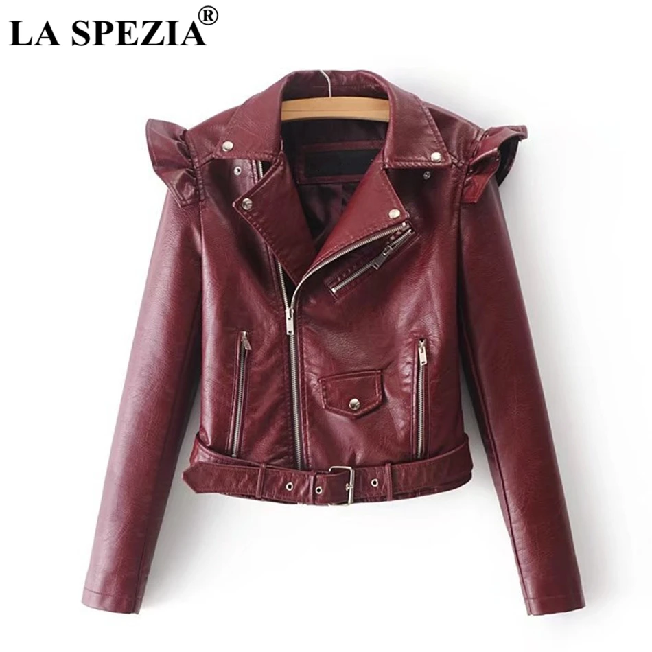 LA SPEZIA Faux Leather Jacket For Women Pink Zipper Jacket Female With Belt Pockets Rivet Irregular Biker Motorcycle Autumn Coat