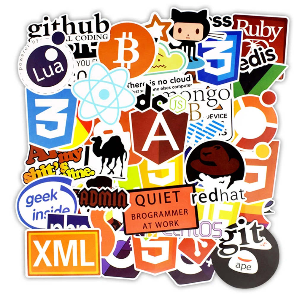 

50PCS Laptop Car DIY Stickers Internet Java JS Php Html Cloud Docker Bitcoin Programming Language APP Logo Cool Stickers