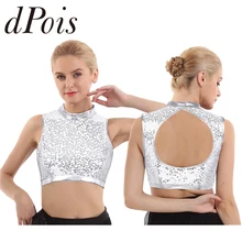 Women Fashion Dazzling Glittery Sequins Clubwear Mock Neck Sleeveless Keyhole Back Dance Crop Top Party Performance Dancewear