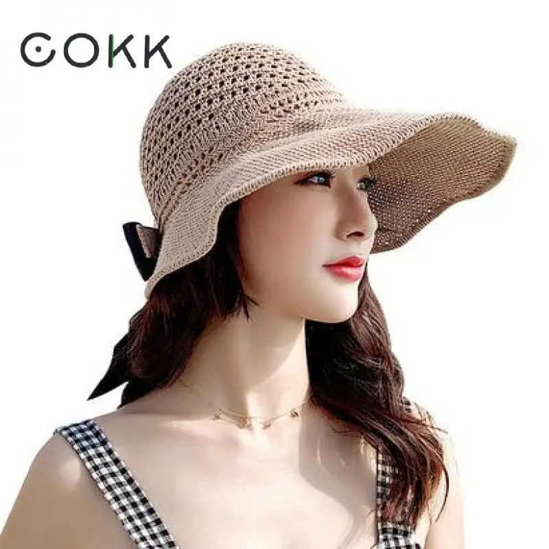 

COKK Womens Hats Summer Knitted Bowknot Sun Hat Foldable Floppy Beach Hat Female Korean Ladies Sunshade Sun Visor Sunhat New