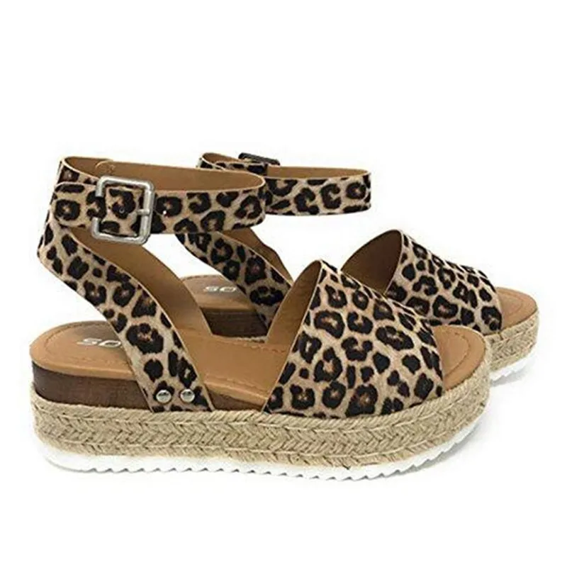 

B-Ladies Sandals Shoes Women Summer Fashion Sandals Leopard Retro Buckle Strap Wedges Peep Toe Sandals chaussures femme dropship