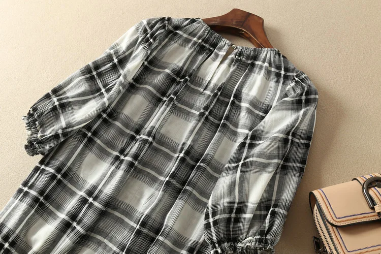 Вискоза круглый вырез с пышными рукавами клетчатая блузка Топ-2019ss Женская клетчатая блузка в мелкую клетку Топ