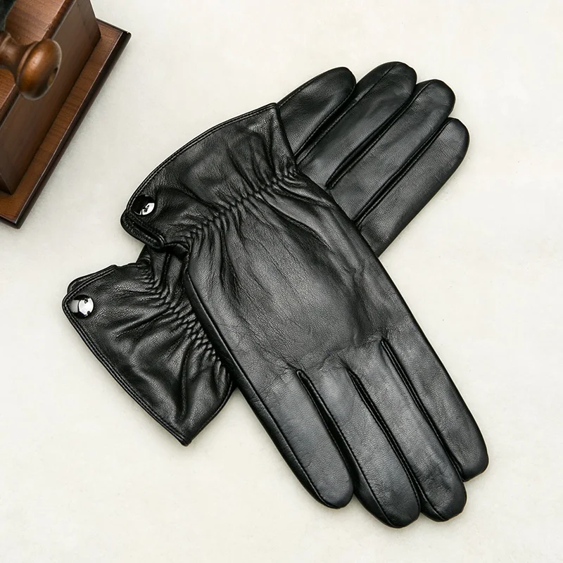 Klss Brand Genuine Leather Men Gloves Warm Velvet Winter High Quality Goatskin Glove Black Business Casual Gentleman 05