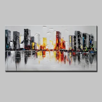 

Mintura Hand Painted Impasto Abstract Color Building Canvas GrayOil Painting Wall Picture Living Room Bedroom Home Wall Decor