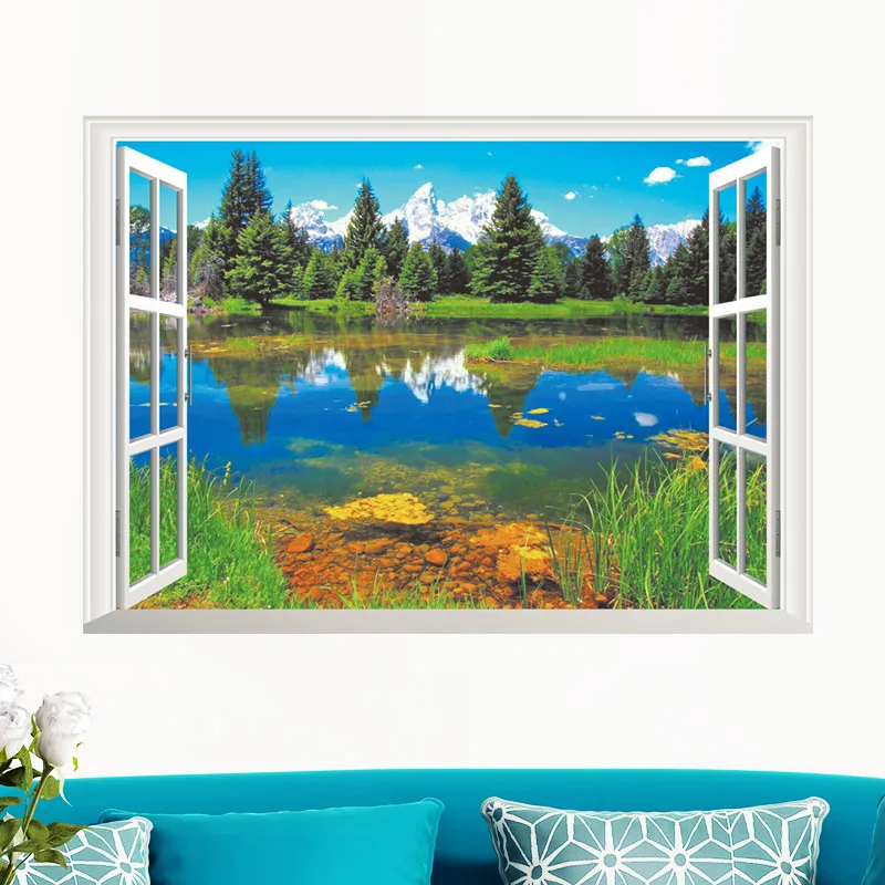 Природа горы озеро дом дерево 3D вид окна гостиной украшения творческий плакат настенная Настенная Наклейка Настенный декор