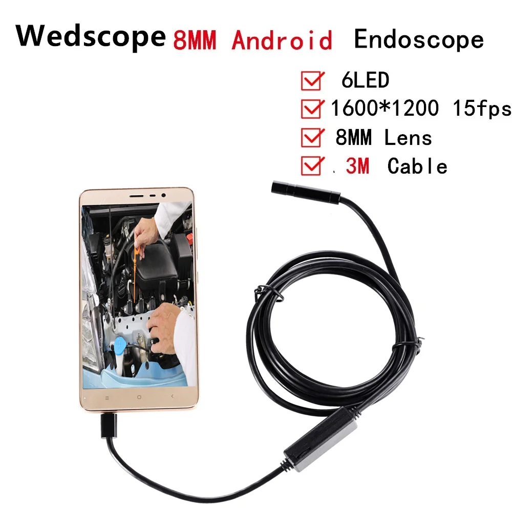 Android Endoscope 8MM 3M Cable USB Endoscope Waterproof Inspection