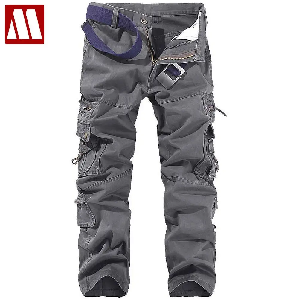 Fashion multi pocket buckle male cargo pants loose washed cotton Pants ...