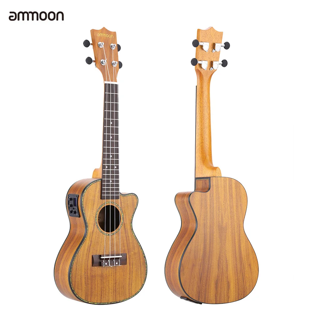 

24" Cutaway Ukulele Hawaii Guitar with LED EQ Koa Plywood Cowry Shell Brims OX Bone Saddle 4 Strings Instrument