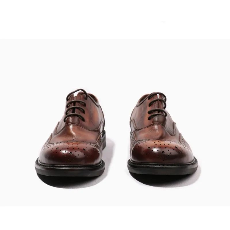 Vintage Handmade Mens Carved Oxfords Luxury Retro Real Leather Round Toe Male Casual Brogue Shoes Formal Footwear