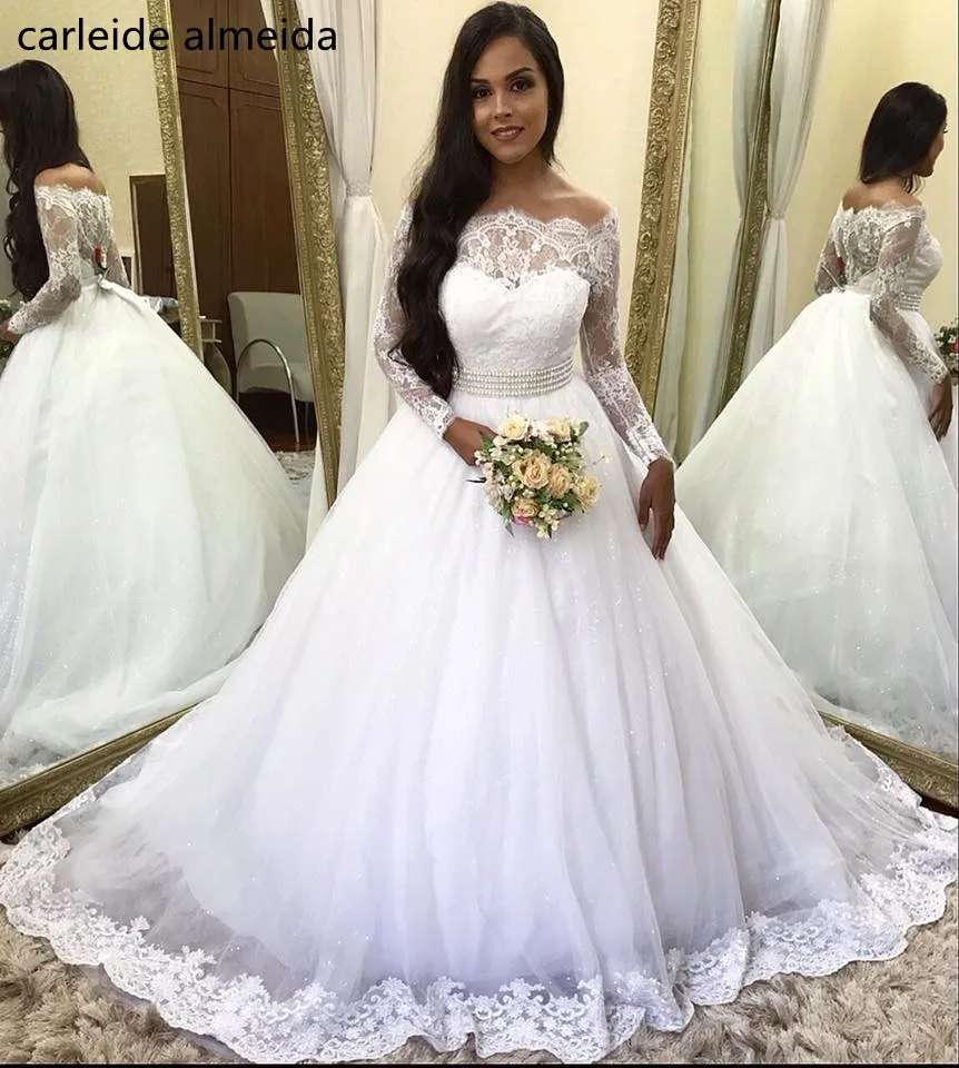 

Vestido de Noiva Off-the-Shoulder Princess Wedding Dress Lace & Sequined Tulle Long Sleeves Wedding Gowns Crystal Belt Trouwjurk
