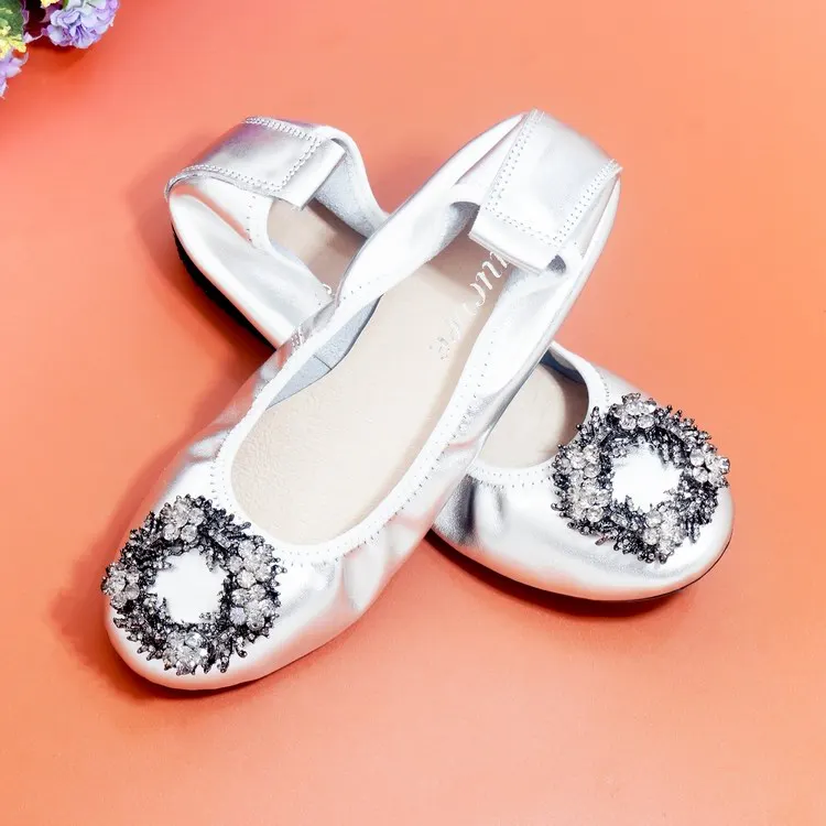 Plus Size 34-43 Ladies Flat Shoes Fashion Bling Rhinestone Women Flats Casual Genuine Leather Ballet Flats Fold Up Gold Shoes (17)
