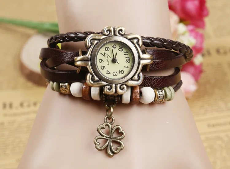 

Fashion Women Bracelet Vintage Weave Wrap Quartz Cow Leather Clover Beads Wrist Watches lady watch Relojes Mujer kow065