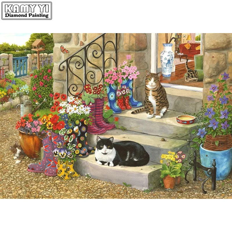 

Full Square drill 5D DIY Diamond painting Cat on the steps Embroidery Mosaic Cross Stitch Rhinestone decor HYY