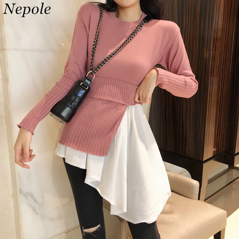 

Neploe Fake Two Pieces Knitted Sweater Irregualr Hem Patchwork 2019 Spring Auttum Fashion Modis Ruched Women Sueter Mujer 69678