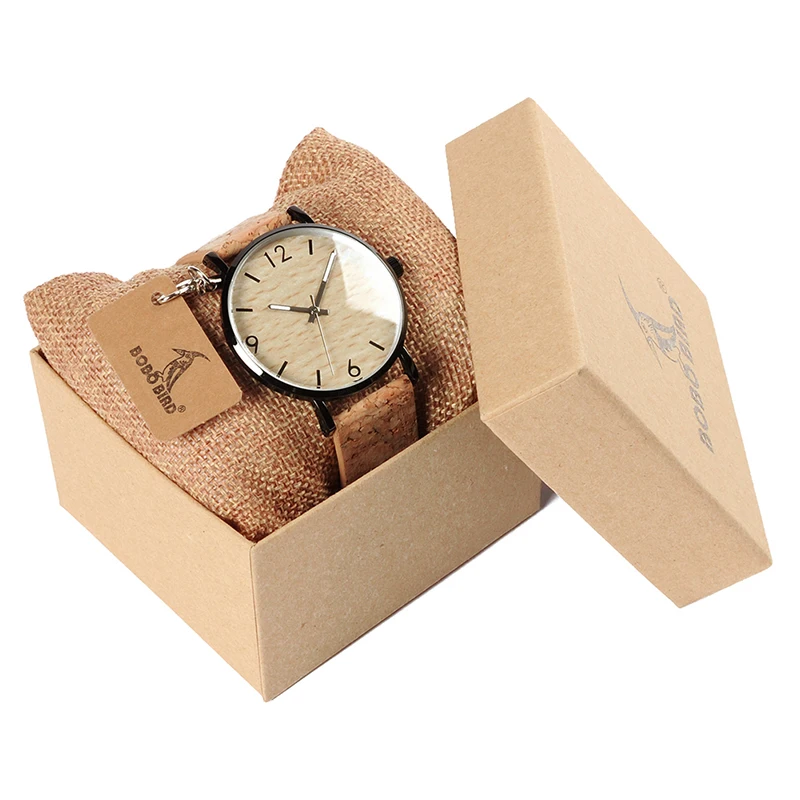 BOBO BIRD Mens Watches Wood Grain Dial Stainless Steel Case Quartz Watch with Soft Cork Bandfor Men as Gift Item