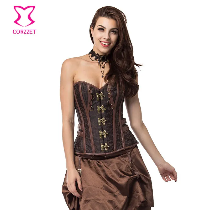 

Corzzet Brown Brocade Steel Boned Overbust Corsets And Bustiers Waist Trainer Corset Top Gothic Costume Steampunk Clothing