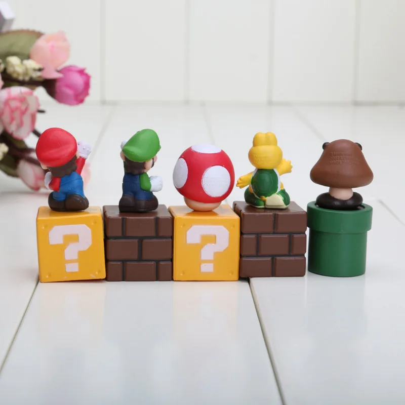 5pcs/set Super Mario Bros Bundle Blocks Figures Mario Goomba Luigi Koopa Troopa Mushroom PVC Figures Model Toys